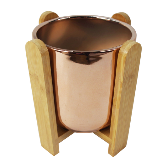 16cm x 15cm Small Gold Ceramic Planter with Bamboo Stand – Modern Indoor Plant Stand