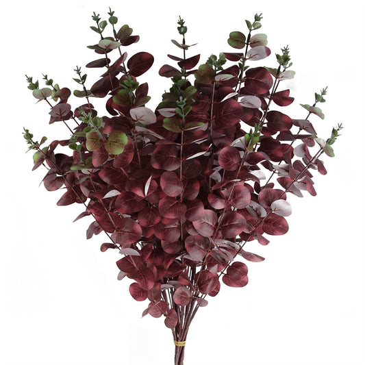 6 x 100cm Large Artificial Burgundy Eucalyptus Stems – Faux Eucalyptus Foliage Bundle