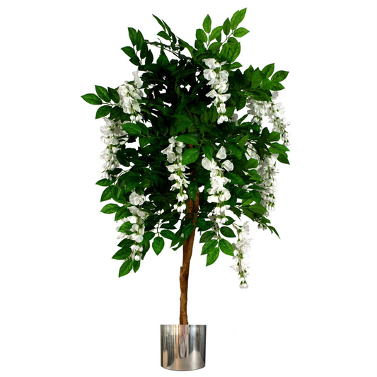 130cm Large Artificial White Wisteria Tree with Silver Planter – Premium Faux Tree