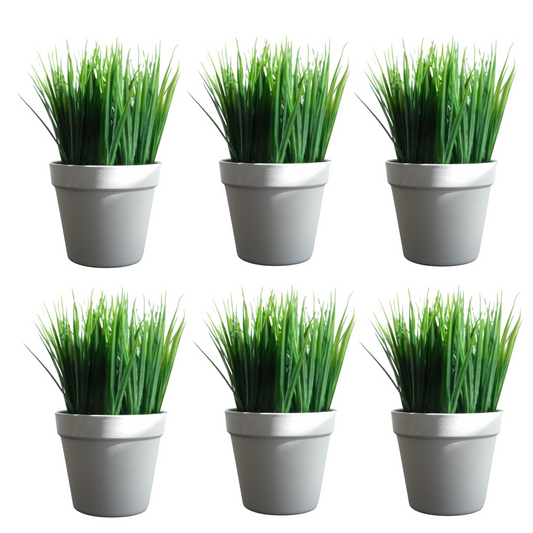6 x 22cm Small Artificial Grass Plants with Pots – Compact Faux Grass Set