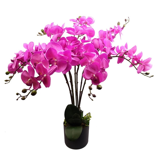 85cm Medium Artificial Pink Orchid Bush in Black Pot - Deluxe Faux Orchid Plant