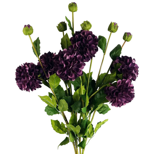 6 x 75cm Medium Artificial Purple Dahlia Pompom Flowers – Faux Dahlia Stems
