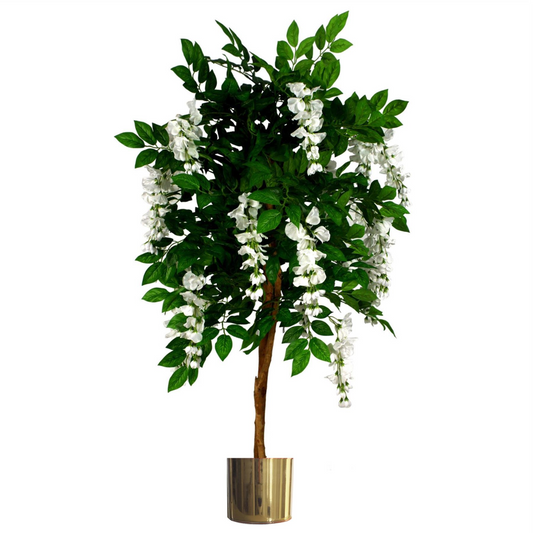 130cm Large Artificial White Wisteria Tree with Gold Planter – Premium Faux Tree