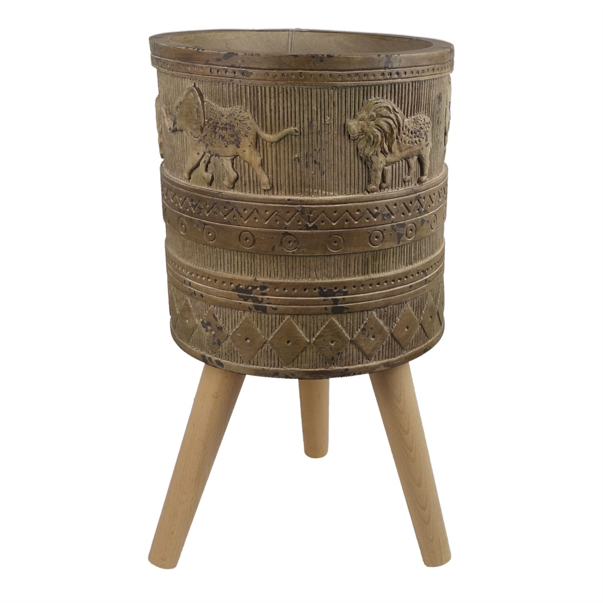 55cm x 29cm Large Jungle Composite Planter with Wooden Legs – Embossed Lion & Elephant