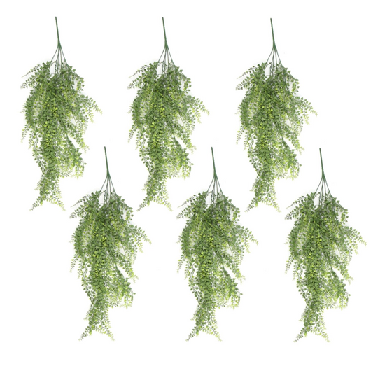 6 x 82cm Medium Hanging Artificial Trailing Button Ferns – UV & Fire Resistant Faux Plant Set