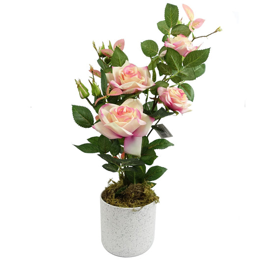 50cm Small Artificial Pink Rose Plant – Realistic Pink Blooms with White Decorative Planter