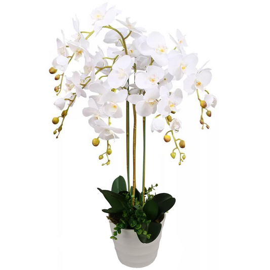 85cm Medium Artificial White Orchid Bush in White Pot - Deluxe Faux Orchid Plant