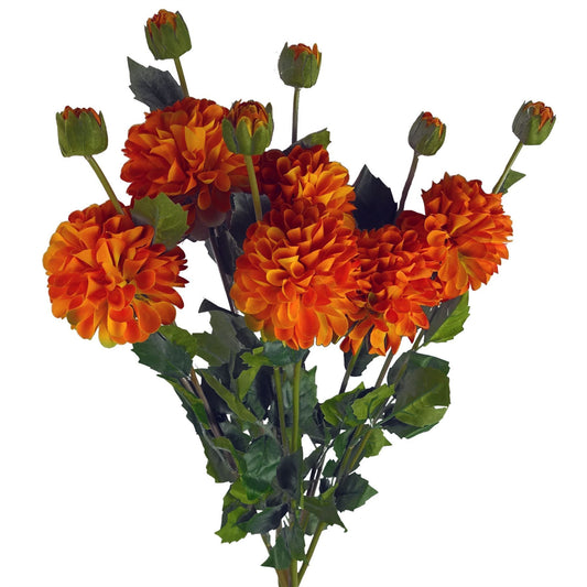6 x 75cm Medium Artificial Orange Dahlia Pompom Flowers – Faux Dahlia Stems