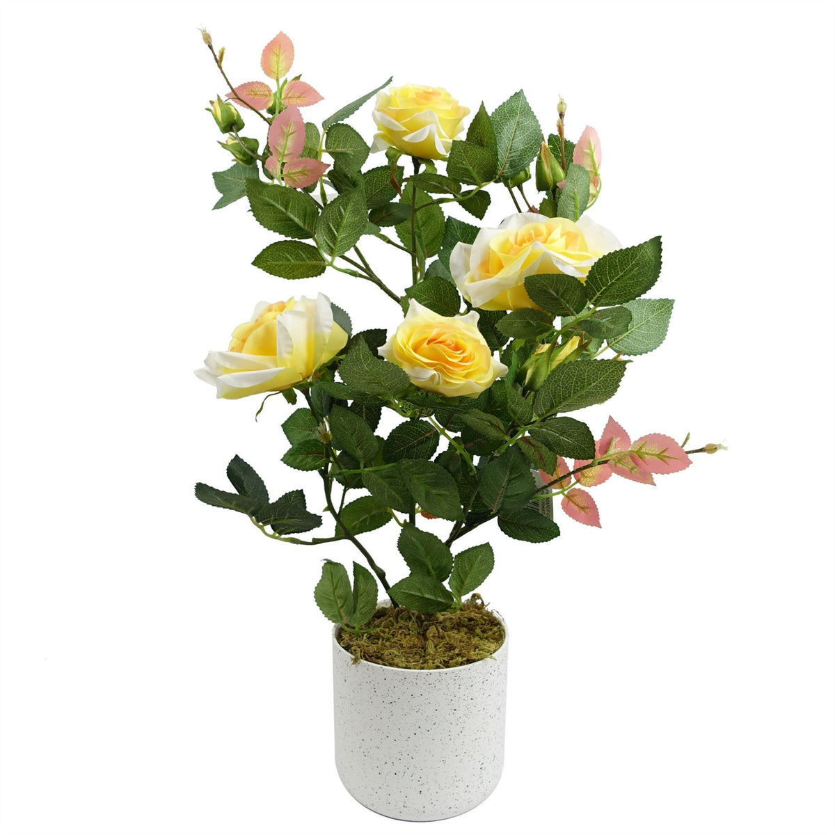 50cm Small Artificial Yellow Rose Plant – Realistic Yellow Blooms with White Decorative Planter